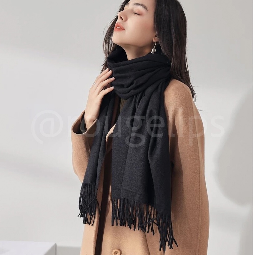 Black Wide Shawl Scarf With Tassels